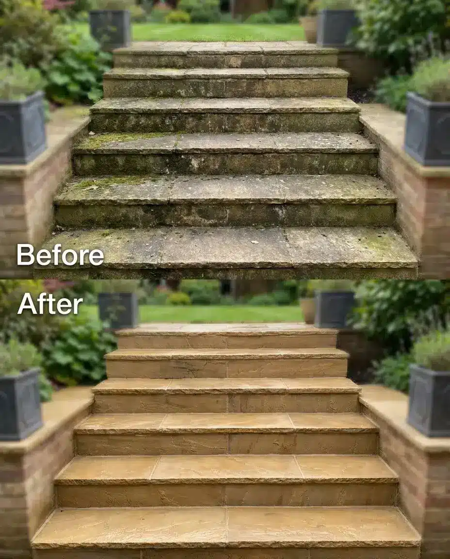 Before and after image of power washed garden paving steps